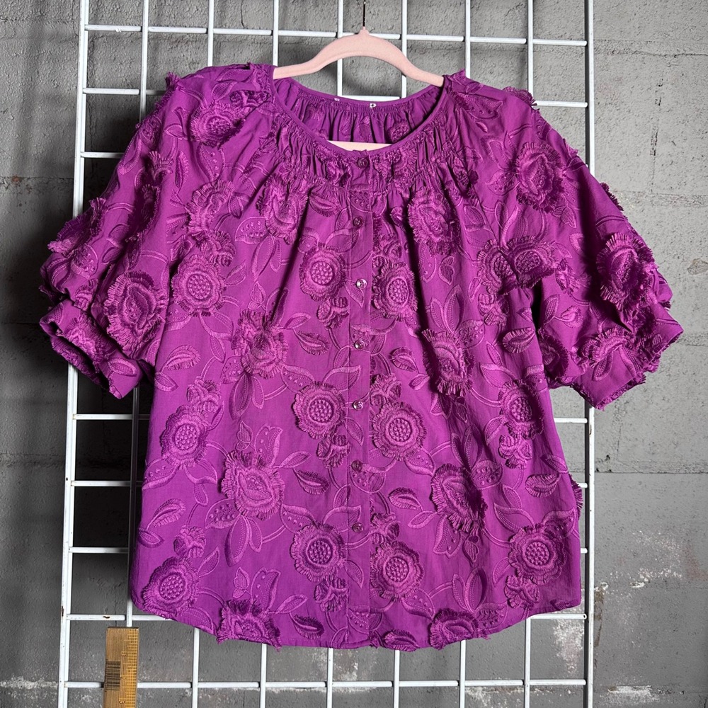 CHICO Magenta Floral Embroidered Puff Sleeve Button Front Blouse Boho Pink Top‎ - Picture 2 of 9